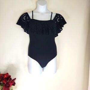 Tempt Me ,Black Ruffle Off-Shoulder Swimsuit